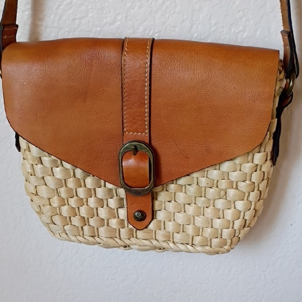 Patricia Nash Tan and Cream Leather And Straw Woven Crossbody Bag